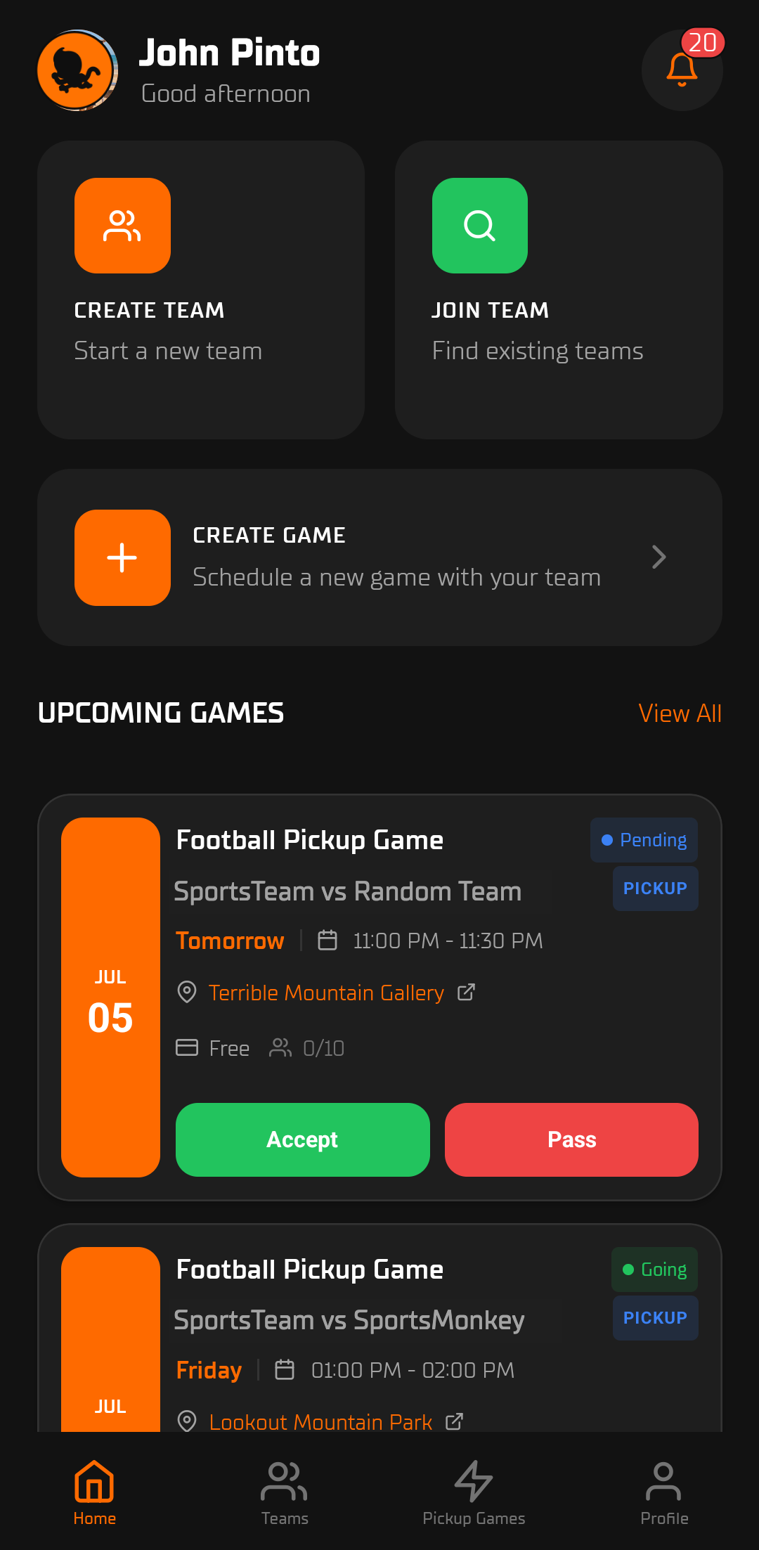 SportsMonkey home screen