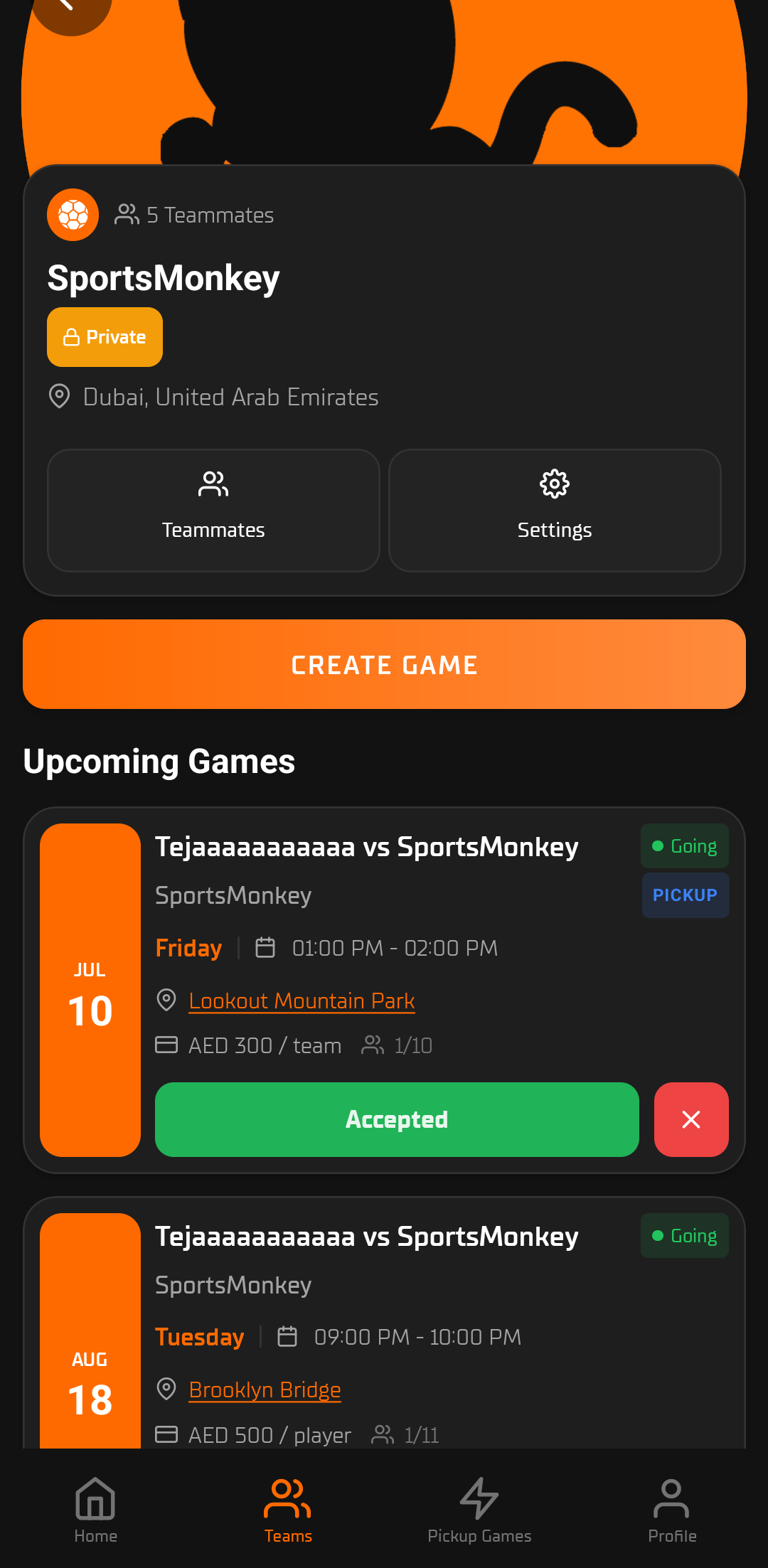 SportsMonkey game management screen