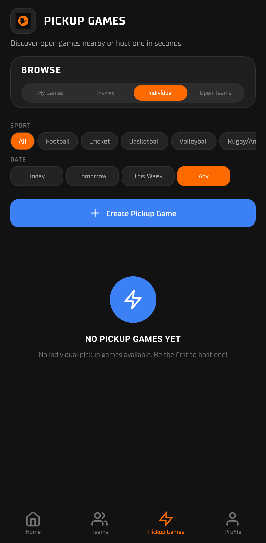 SportsMonkey pickup games screen