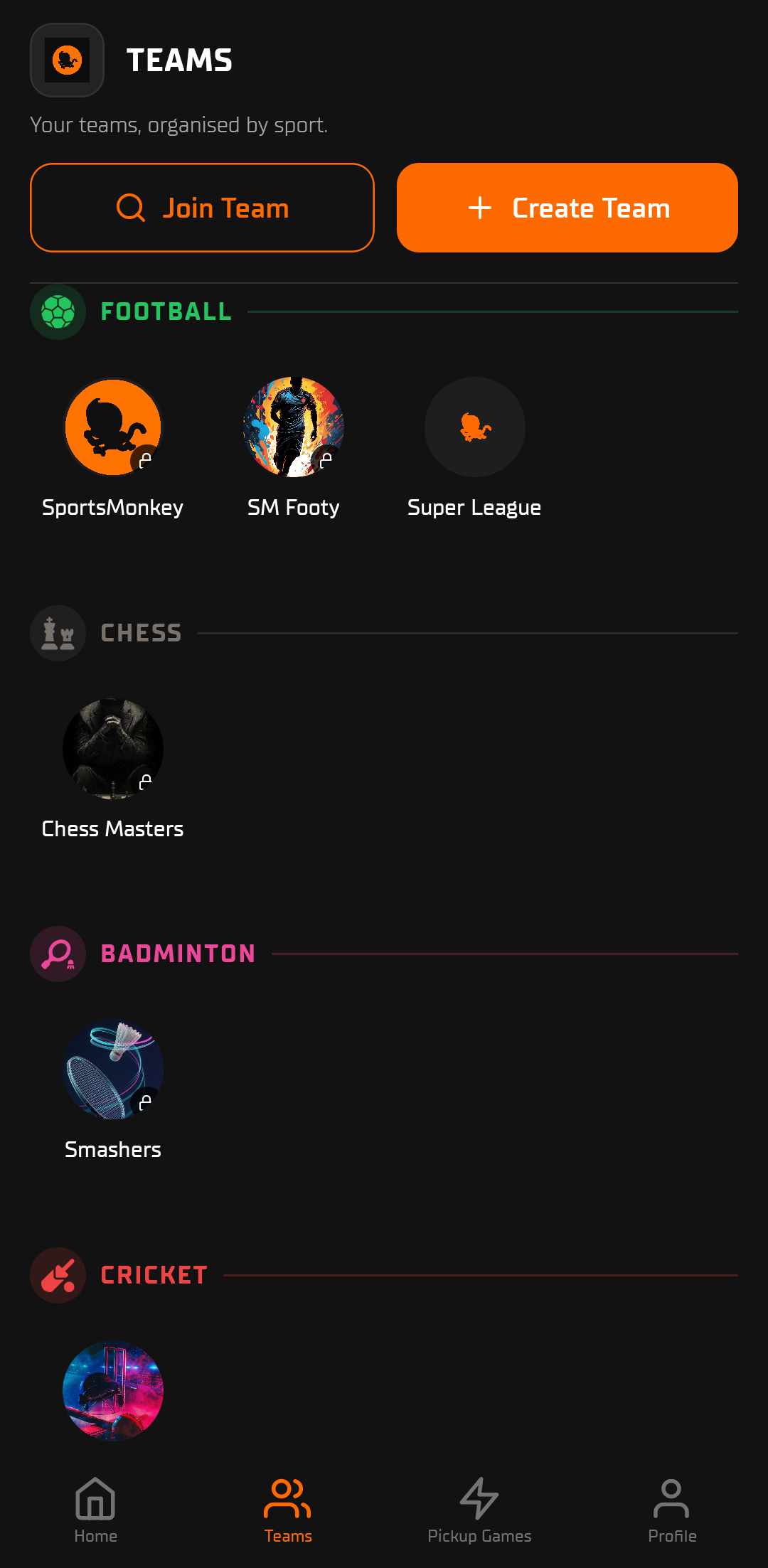 SportsMonkey teams screen